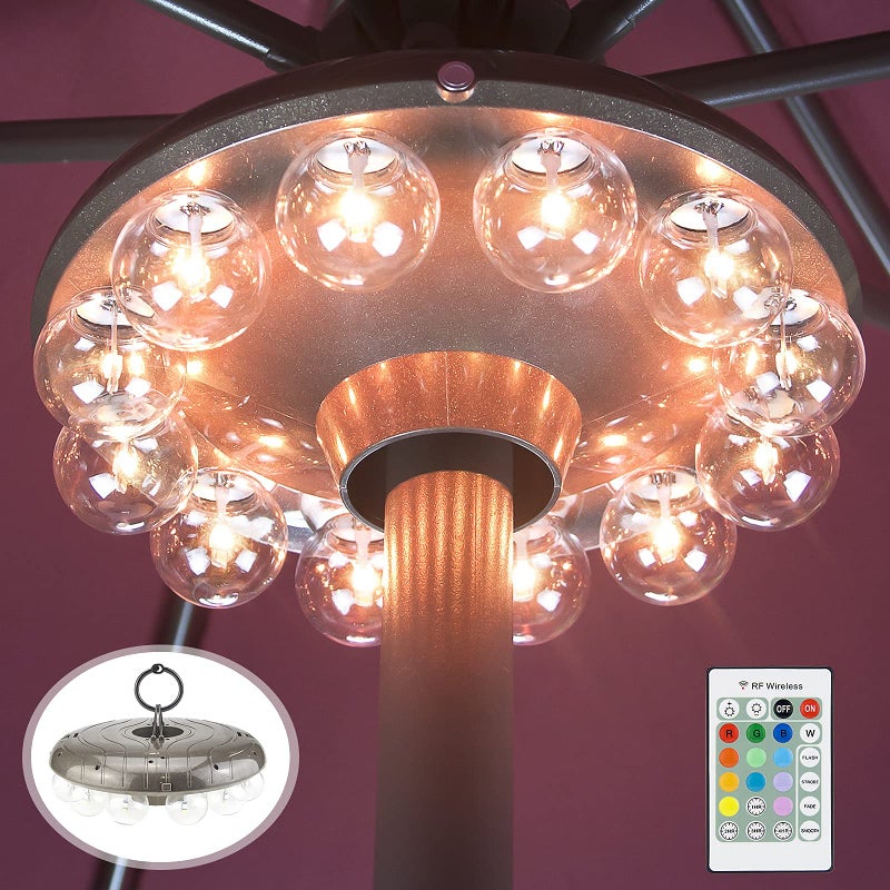 HONWELL Patio Umbrella Light, 3xD Battery Operated Umbrella Pole Light with RF Remote 80Ft Through Wall, 12 Bulb 48 LEDs,4 Modes, 12 Color Changing Outdoor Camping Light with Hanging Ring for Umbrella - Image 1